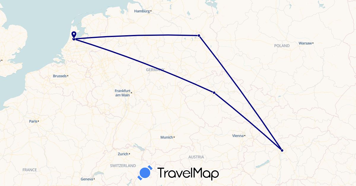 TravelMap itinerary: driving in Czech Republic, Germany, Hungary, Netherlands (Europe)